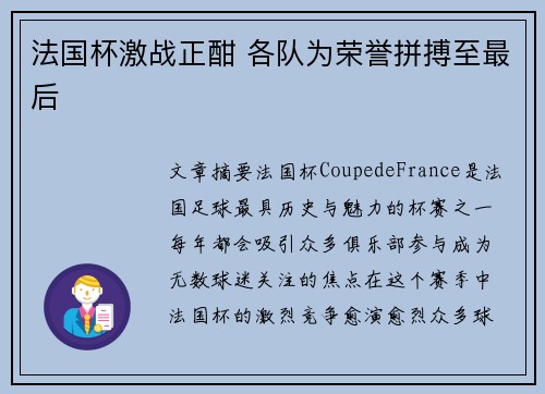 法国杯激战正酣 各队为荣誉拼搏至最后